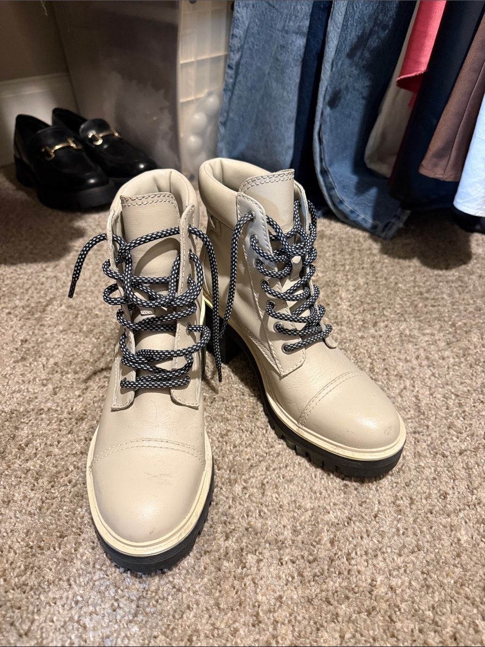 Marc Fisher Cream Lace-Up Combat Boots with Contrast Laces